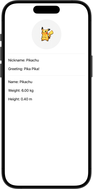 iPhone Screenshot showing a gray circle with pikachu in the center and some pokemon details like the name and weight