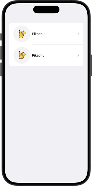 iPhone screenshot displaying a list of two items. Each item has a pikachu image and the label Pikachu.