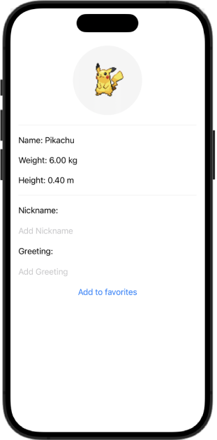 iPhone showing a pokemon image with some labels, two input fields for greeting and name, and a button.